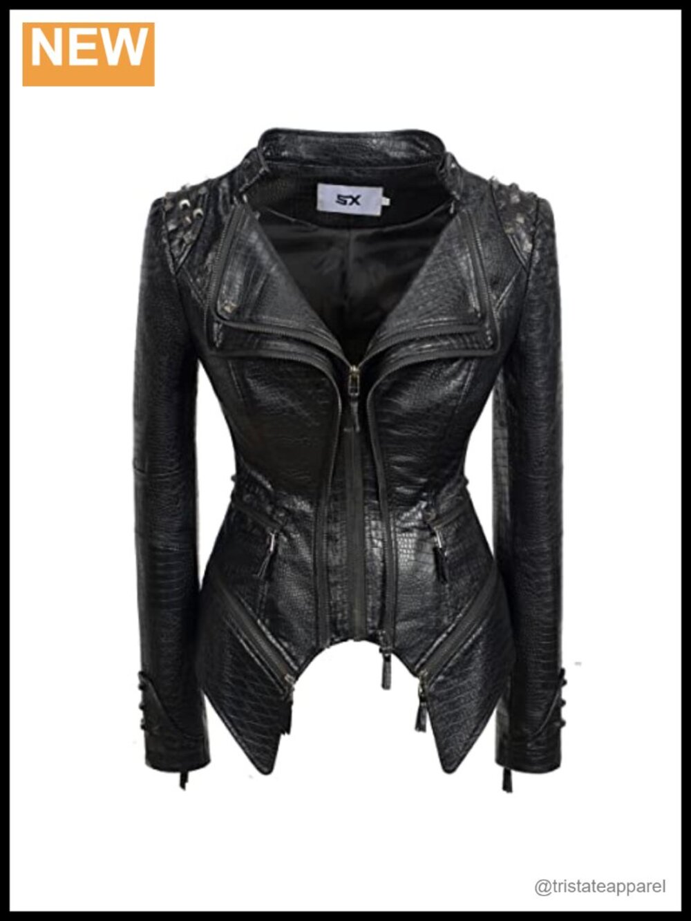 Punk Studded Faux-alligator PU Leather Moto Jacket, Women's Zipper Biker Coat